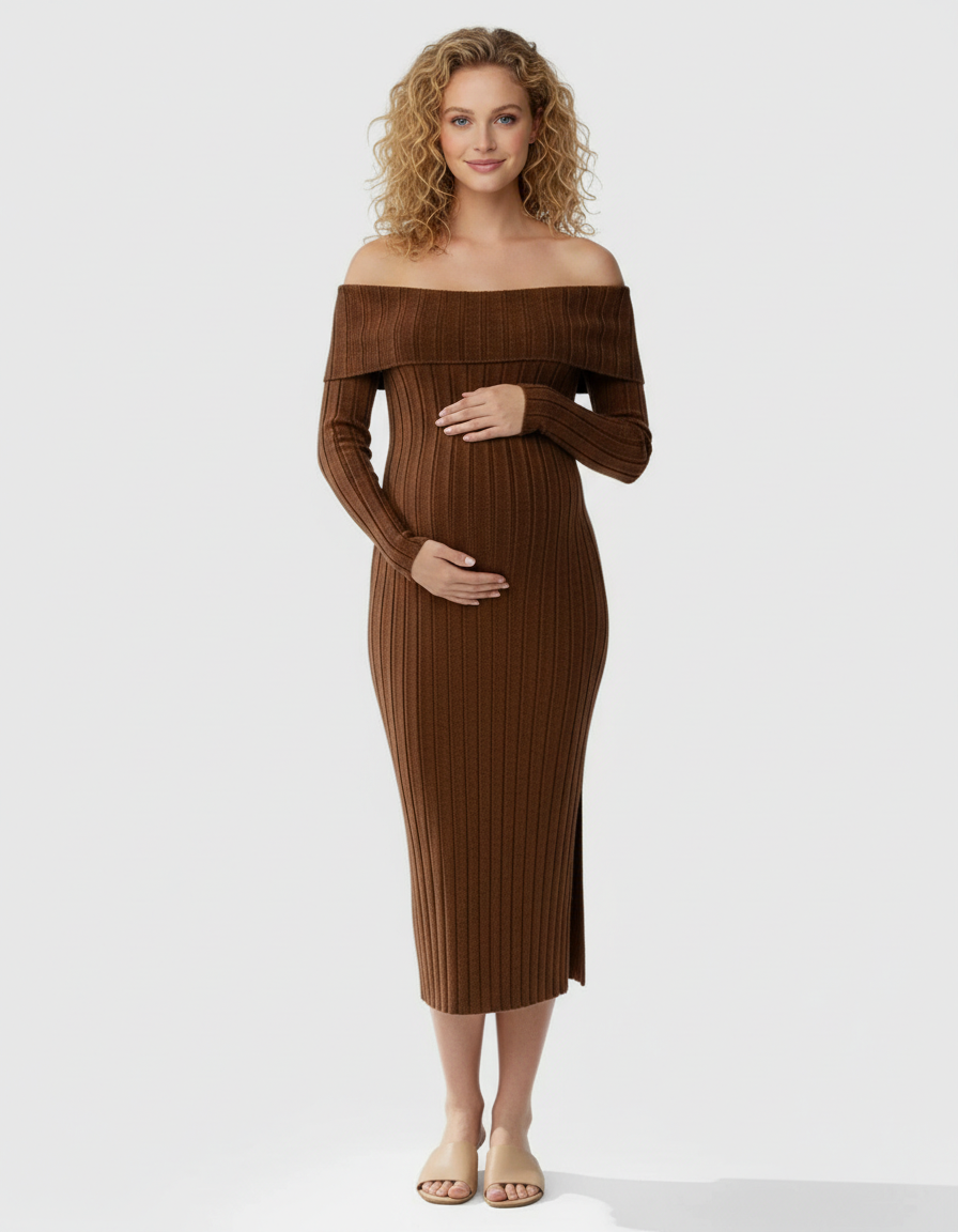 Pregnant woman in a brown off-shoulder ribbed knit maternity midi dress, hands on belly.