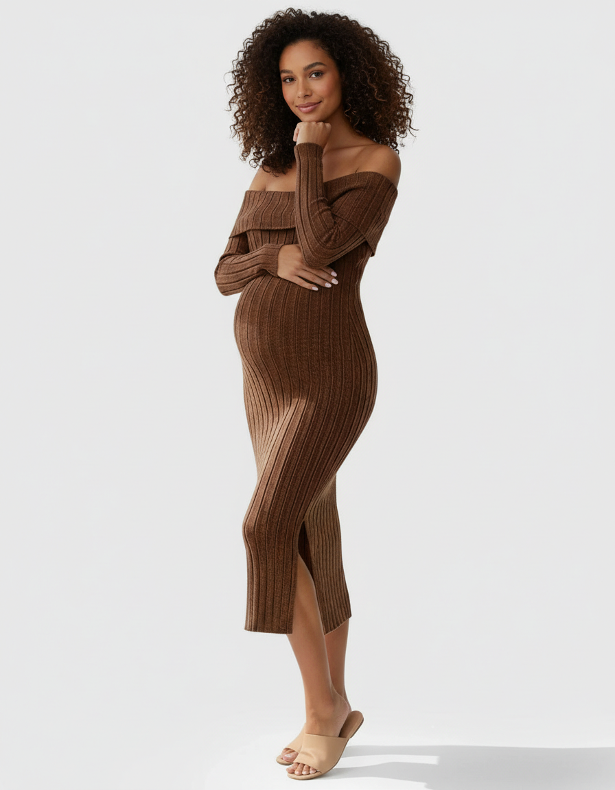 Pregnant woman in a brown off-shoulder ribbed knit maternity midi dress, posing with a hand on her baby bump.
