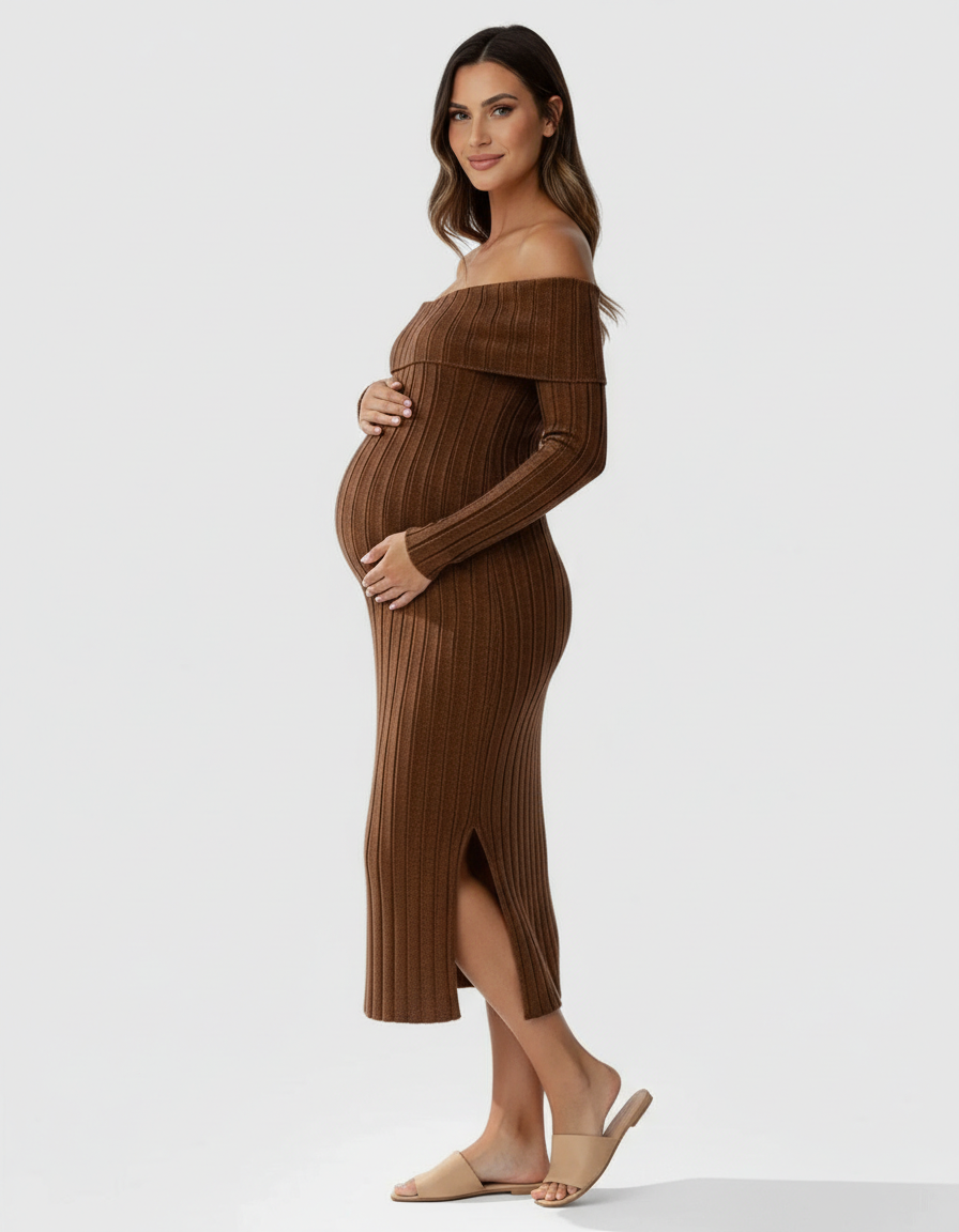 Pregnant woman in a brown off-shoulder ribbed knit maternity midi dress with a side slit.