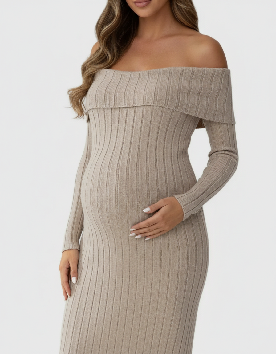 Maternity midi dress: beige ribbed knit, off-shoulder, long-sleeved, worn by a pregnant woman.