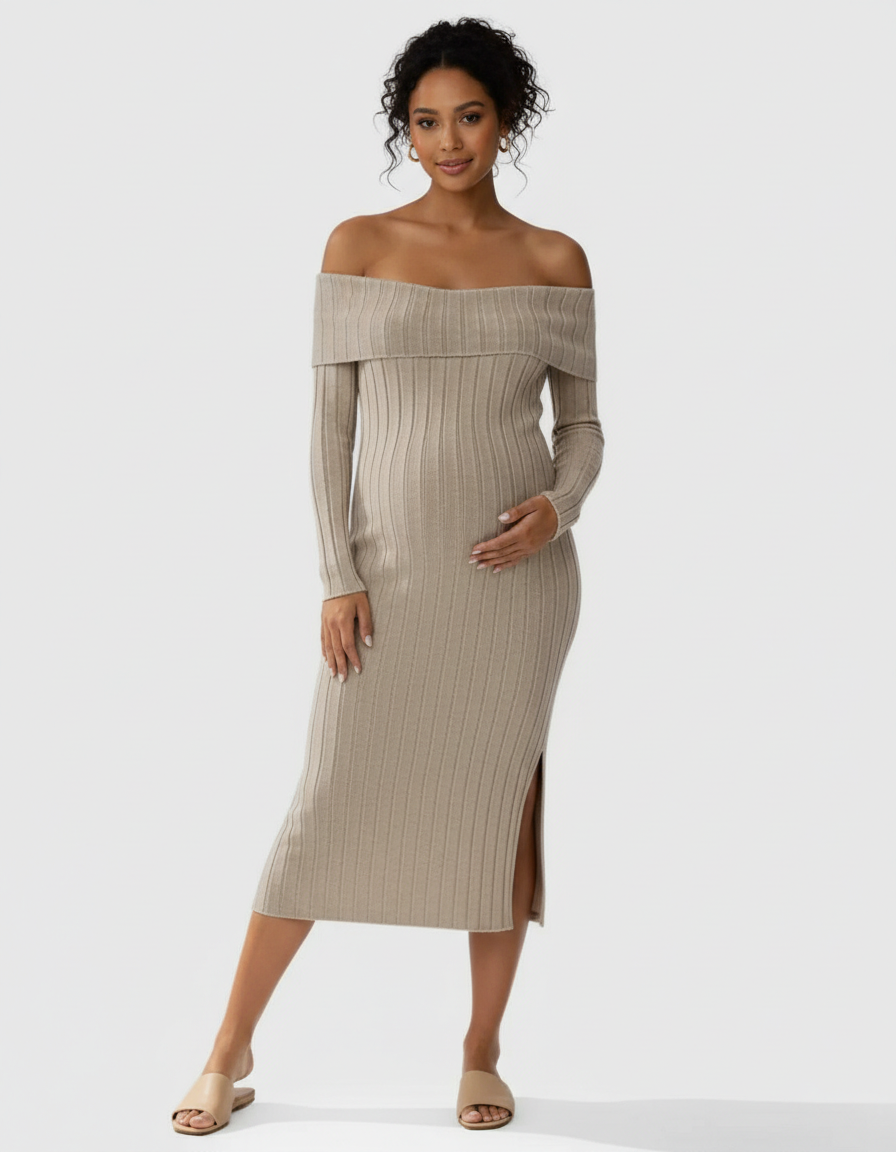 Pregnant woman in a beige off-shoulder ribbed knit maternity midi dress with a side slit.