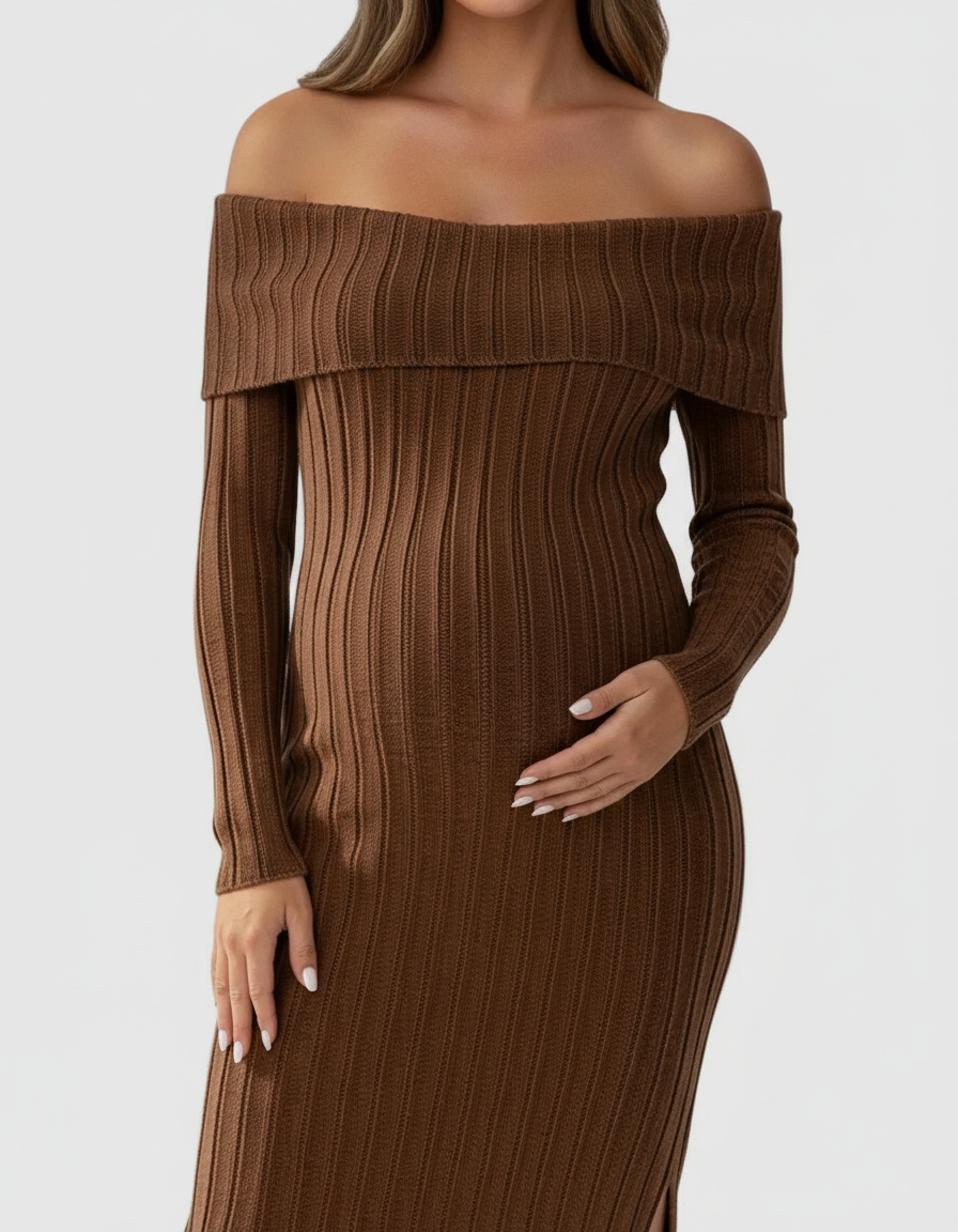 Brown off-shoulder ribbed knit maternity midi dress, showcasing a pregnant belly.