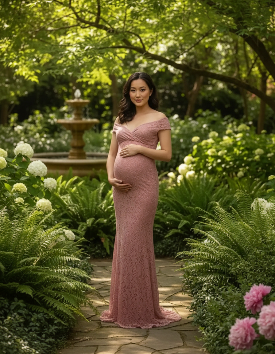 Bump Society – The Comfort Collection: Off-the-Shoulder Glamorous Maternity Photoshoot Gown with Train-Bump Society