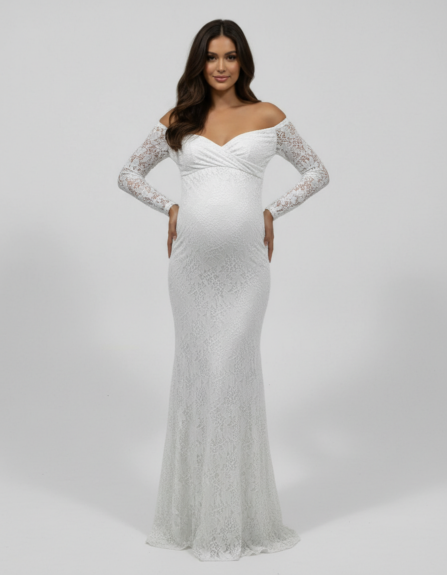 Bump Society – The Comfort Collection: Off-the-Shoulder Glamorous Maternity Photoshoot Gown with Train-Bump Society