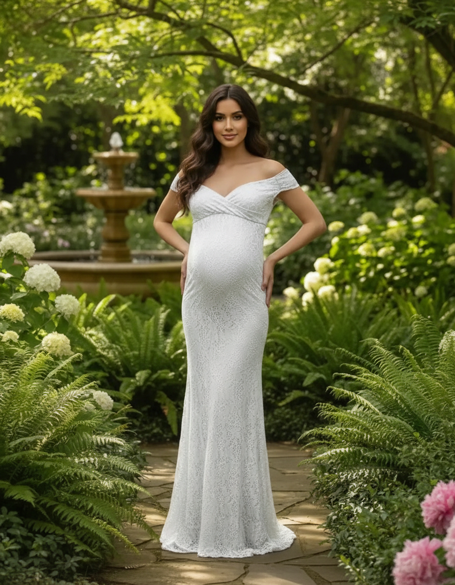Bump Society – The Comfort Collection: Off-the-Shoulder Glamorous Maternity Photoshoot Gown with Train-Bump Society