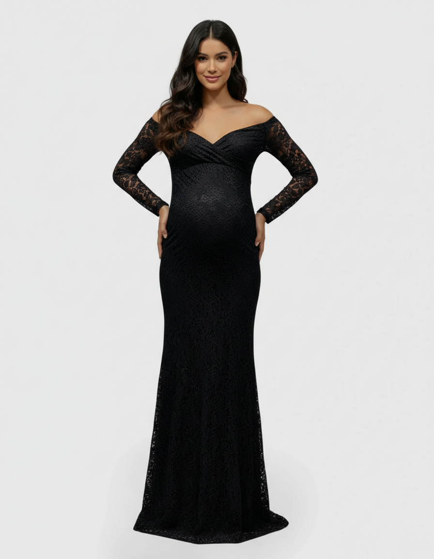 Bump Society – The Comfort Collection: Off-the-Shoulder Glamorous Maternity Photoshoot Gown with Train-Bump Society