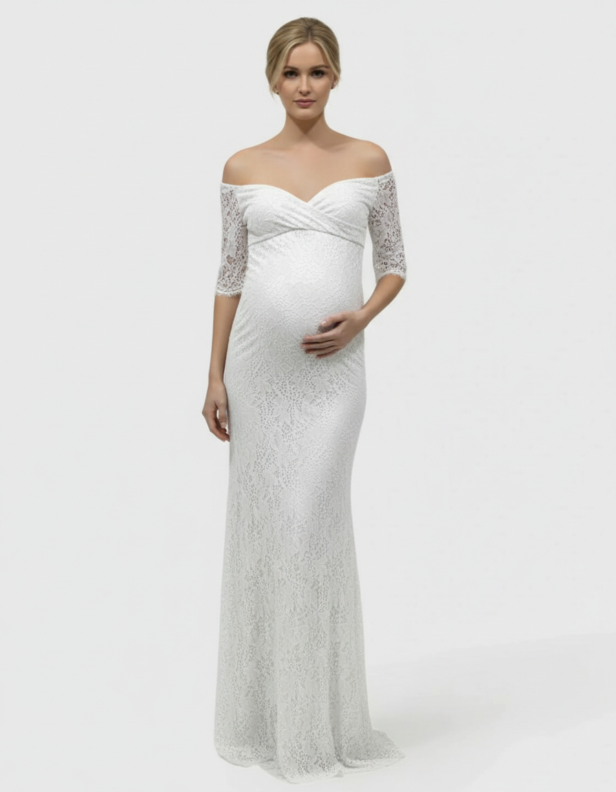 Bump Society – The Comfort Collection: Off-the-Shoulder Glamorous Maternity Photoshoot Gown with Train-Bump Society