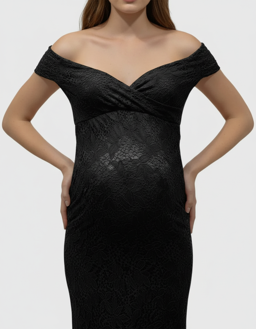 Bump Society – The Comfort Collection: Off-the-Shoulder Glamorous Maternity Photoshoot Gown with Train-Bump Society