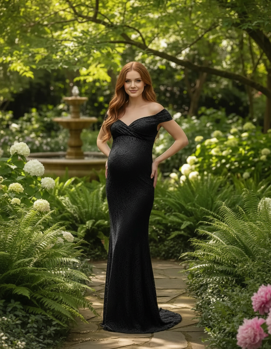 Bump Society – The Comfort Collection: Off-the-Shoulder Glamorous Maternity Photoshoot Gown with Train-Bump Society