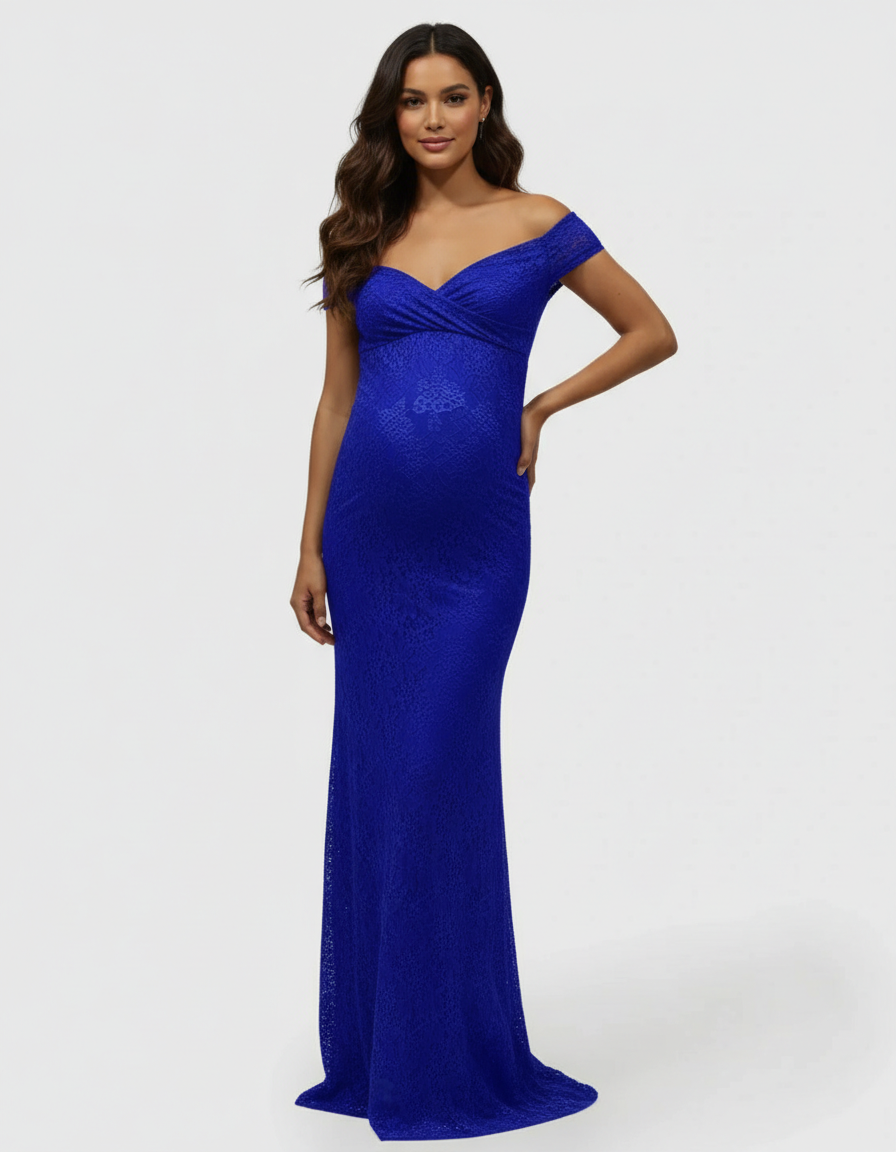 Bump Society – The Comfort Collection: Off-the-Shoulder Glamorous Maternity Photoshoot Gown with Train-Bump Society
