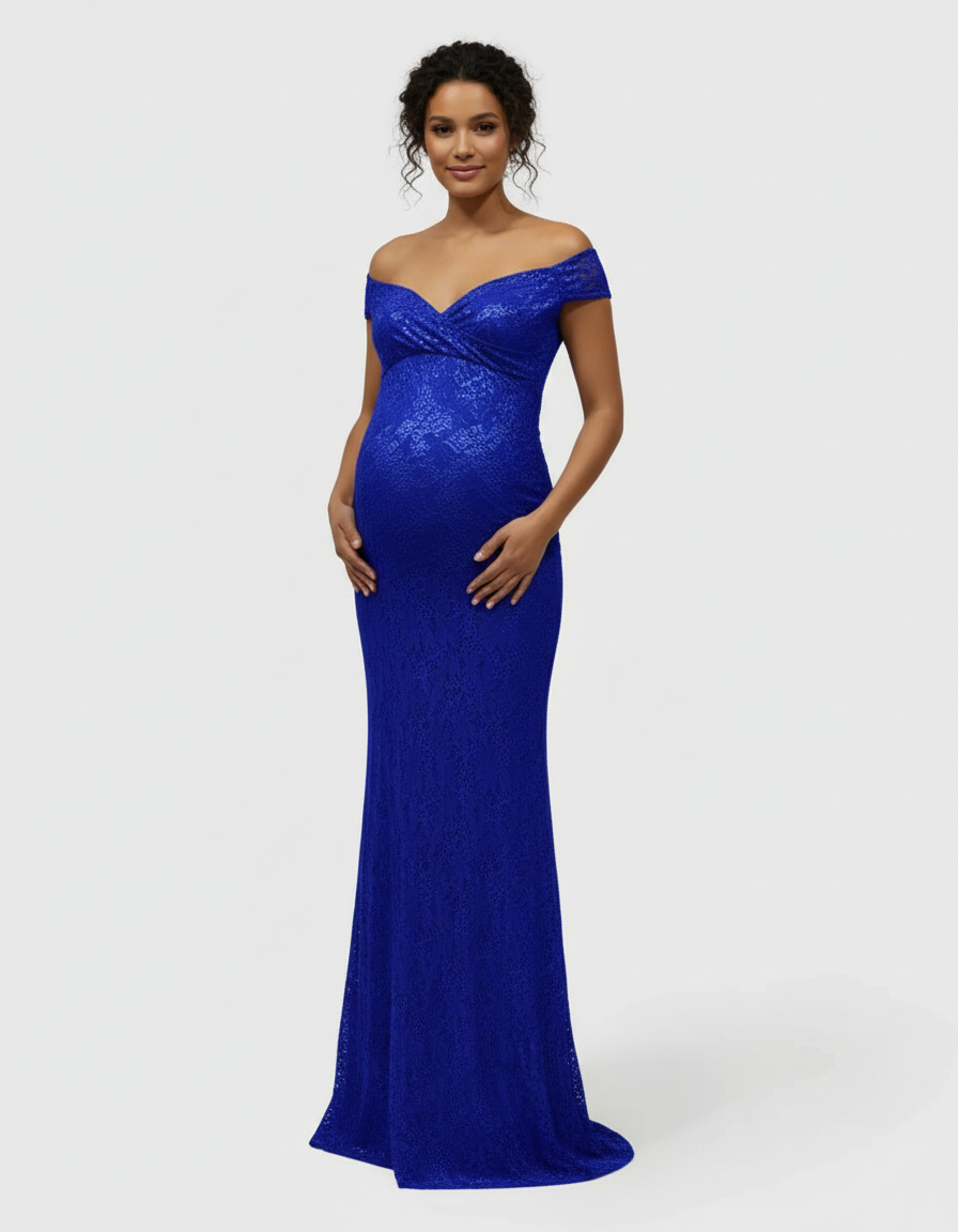 Bump Society – The Comfort Collection: Off-the-Shoulder Glamorous Maternity Photoshoot Gown with Train-Bump Society