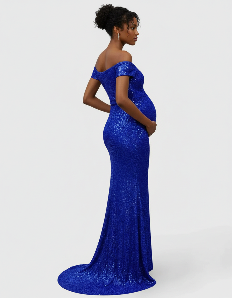 Bump Society – The Comfort Collection: Off-the-Shoulder Glamorous Maternity Photoshoot Gown with Train-Bump Society