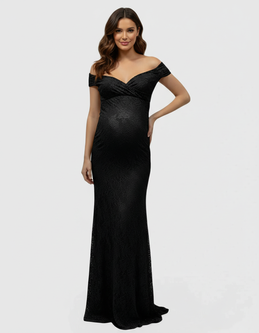 Bump Society – The Comfort Collection: Off-the-Shoulder Glamorous Maternity Photoshoot Gown with Train-Bump Society