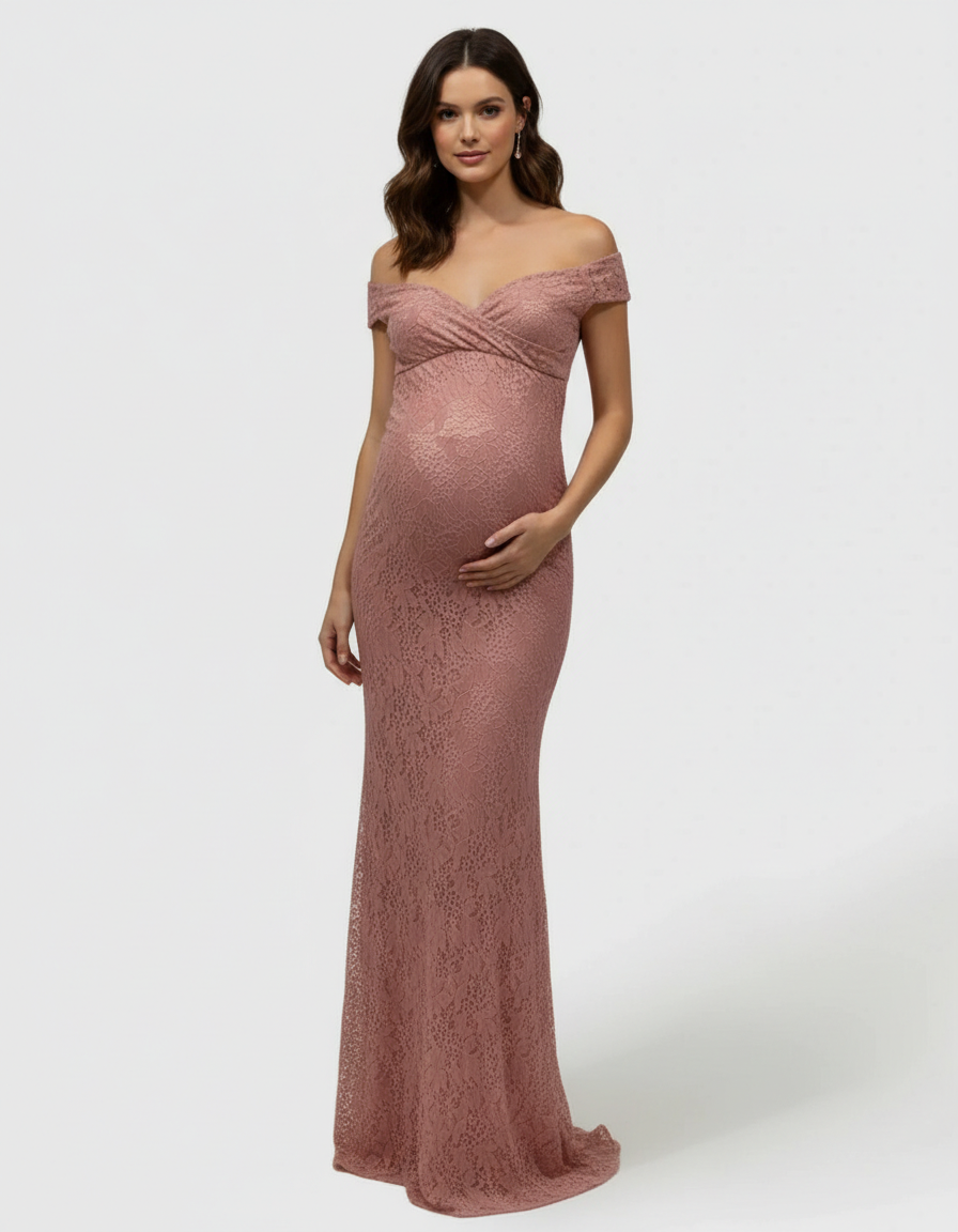 Bump Society – The Comfort Collection: Off-the-Shoulder Glamorous Maternity Photoshoot Gown with Train-Bump Society