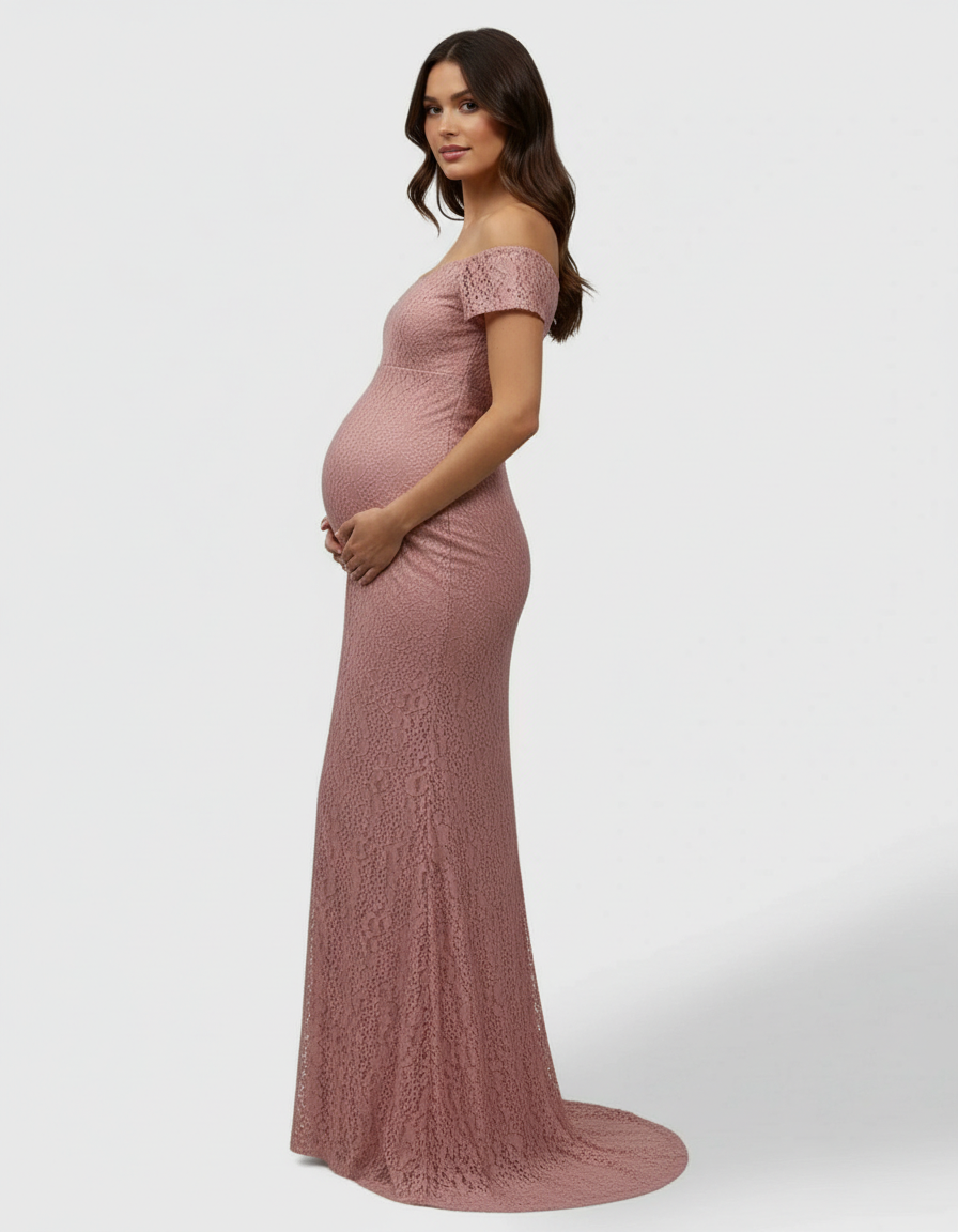 Bump Society – The Comfort Collection: Off-the-Shoulder Glamorous Maternity Photoshoot Gown with Train-Bump Society