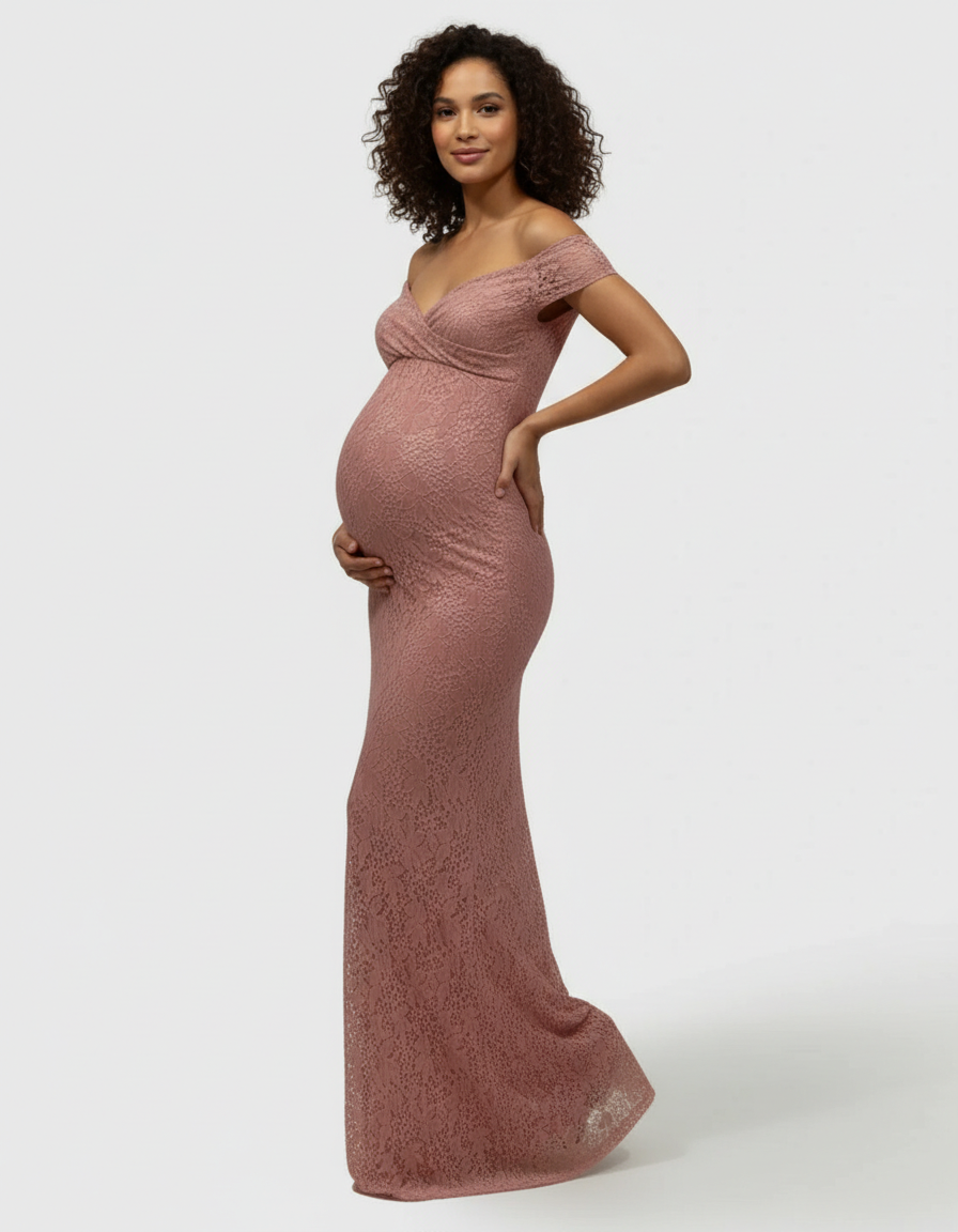 Bump Society – The Comfort Collection: Off-the-Shoulder Glamorous Maternity Photoshoot Gown with Train-Bump Society