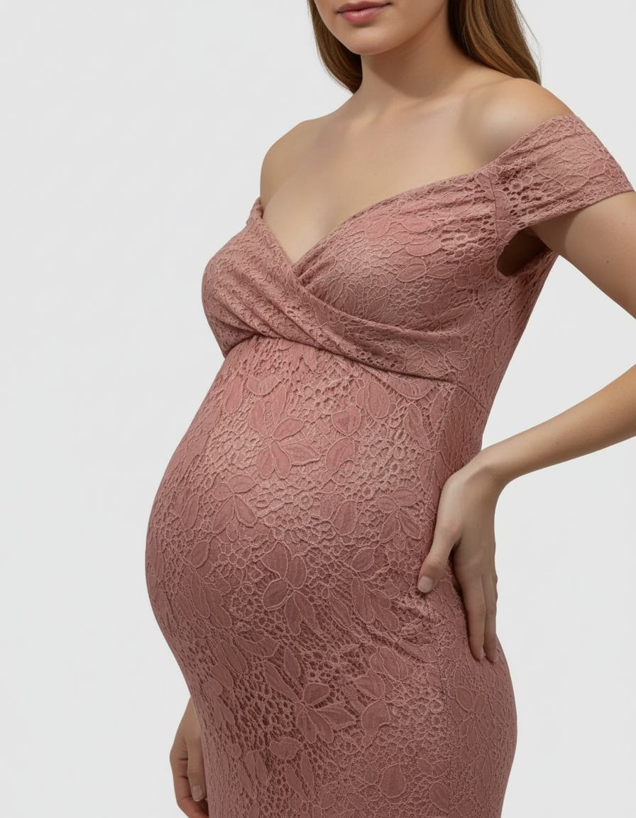 Bump Society – The Comfort Collection: Off-the-Shoulder Glamorous Maternity Photoshoot Gown with Train-Bump Society