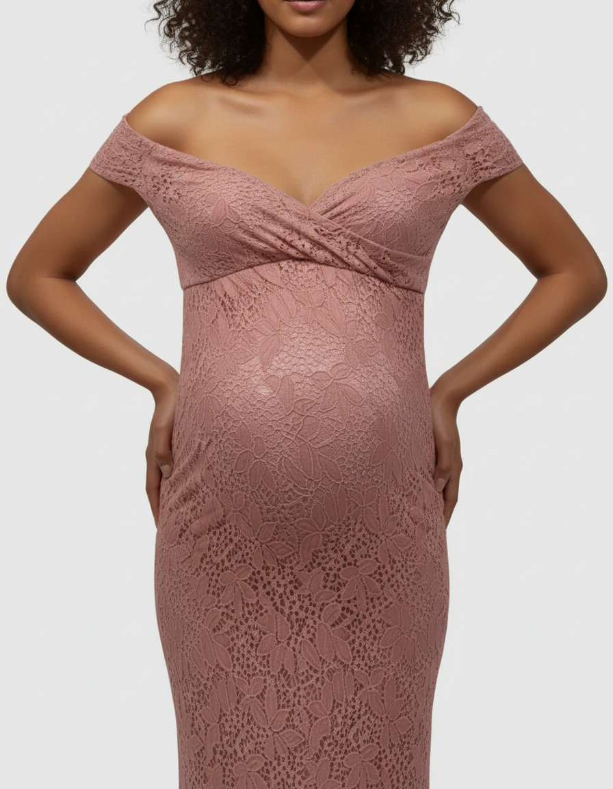 Bump Society – The Comfort Collection: Off-the-Shoulder Glamorous Maternity Photoshoot Gown with Train-Bump Society