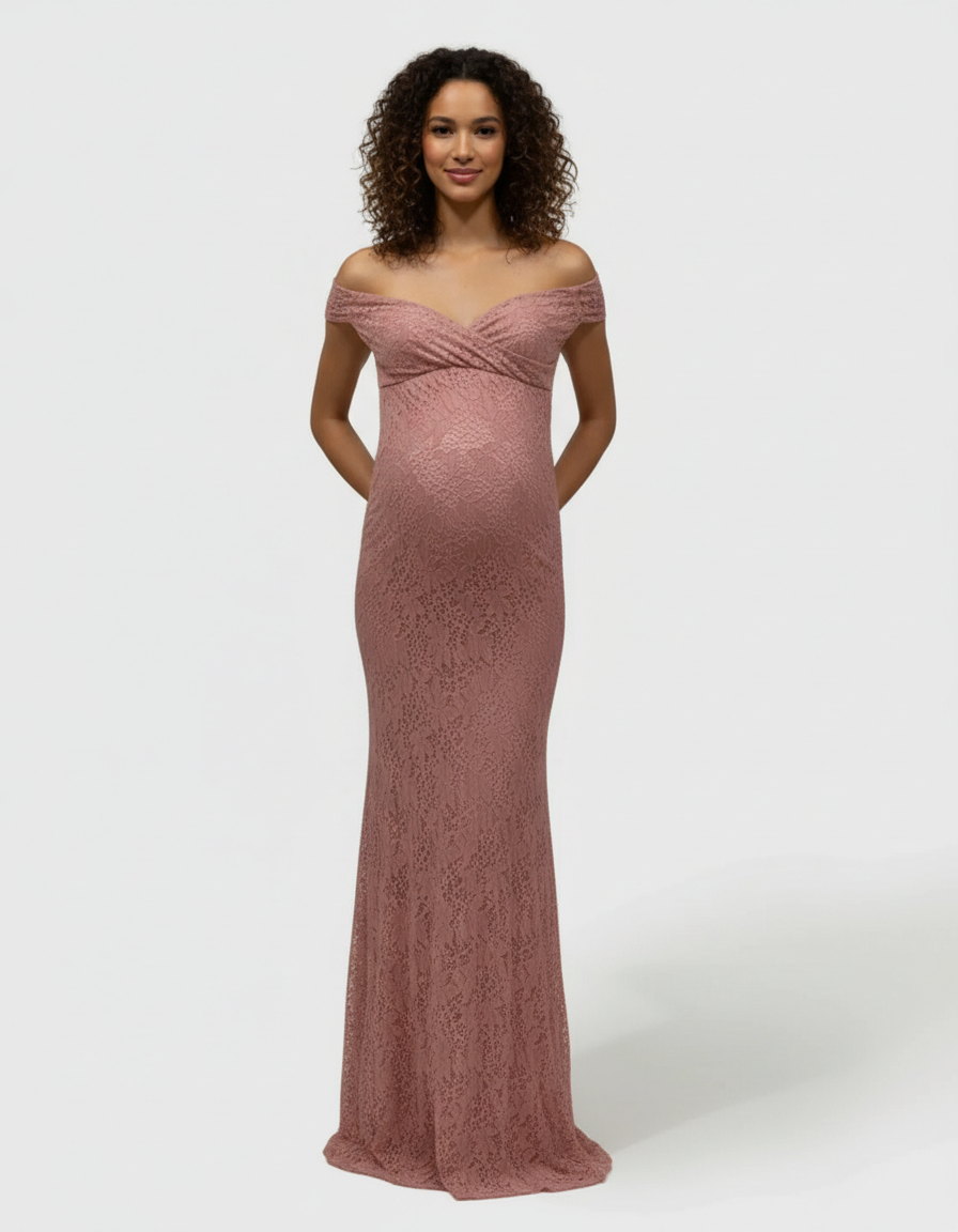 Bump Society – The Comfort Collection: Off-the-Shoulder Glamorous Maternity Photoshoot Gown with Train-Bump Society