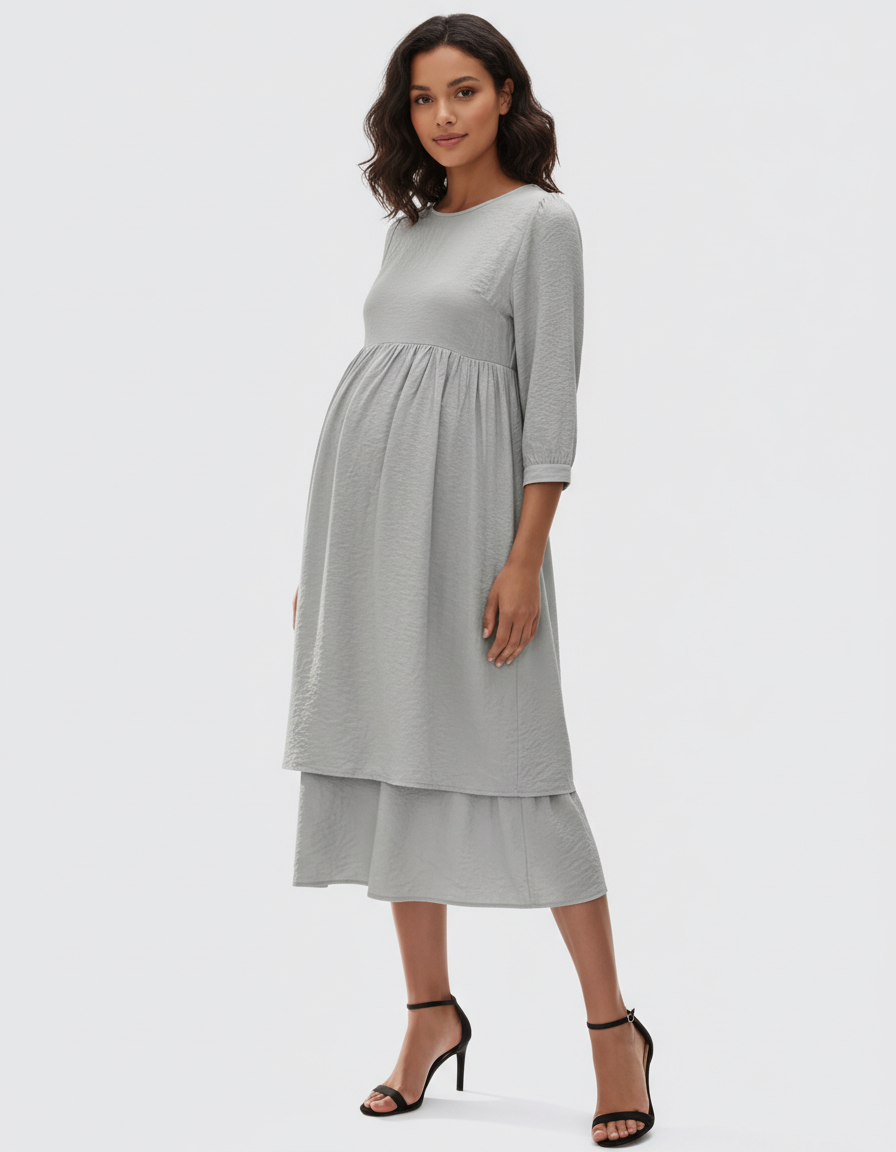 Bump Society – The Comfort Collection: Quarter Sleeve Ruffle Skirt Maternity Midi Dress-Bump Society