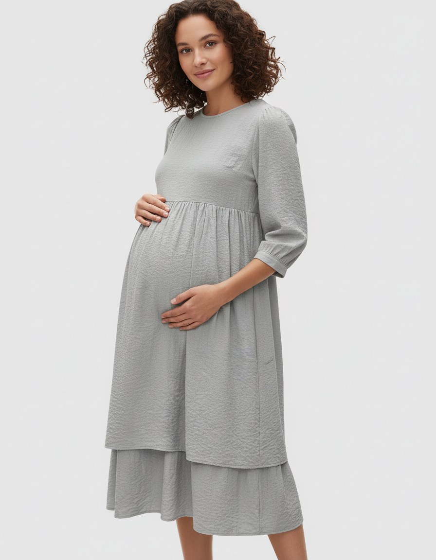 Bump Society – The Comfort Collection: Quarter Sleeve Ruffle Skirt Maternity Midi Dress-Bump Society