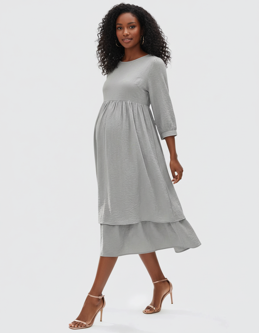 Bump Society – The Comfort Collection: Quarter Sleeve Ruffle Skirt Maternity Midi Dress-Bump Society