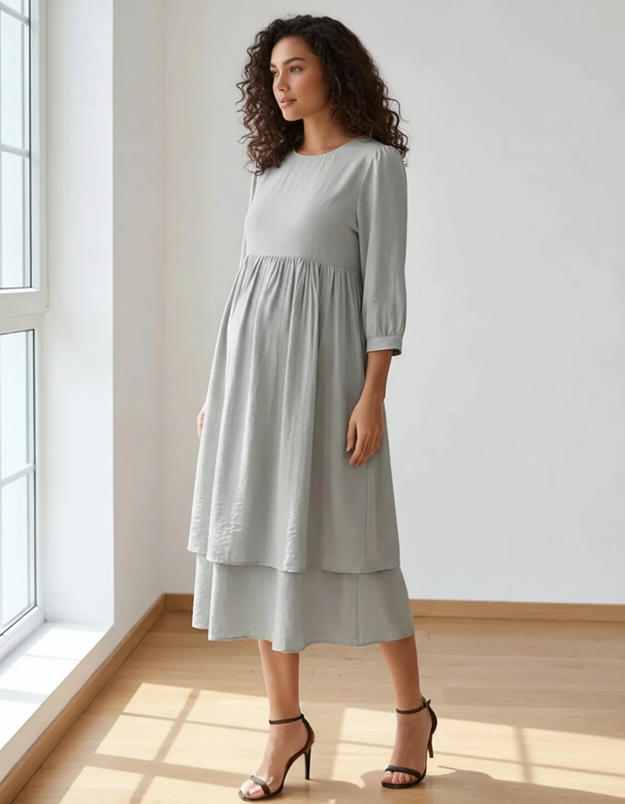 Bump Society – The Comfort Collection: Quarter Sleeve Ruffle Skirt Maternity Midi Dress-Bump Society