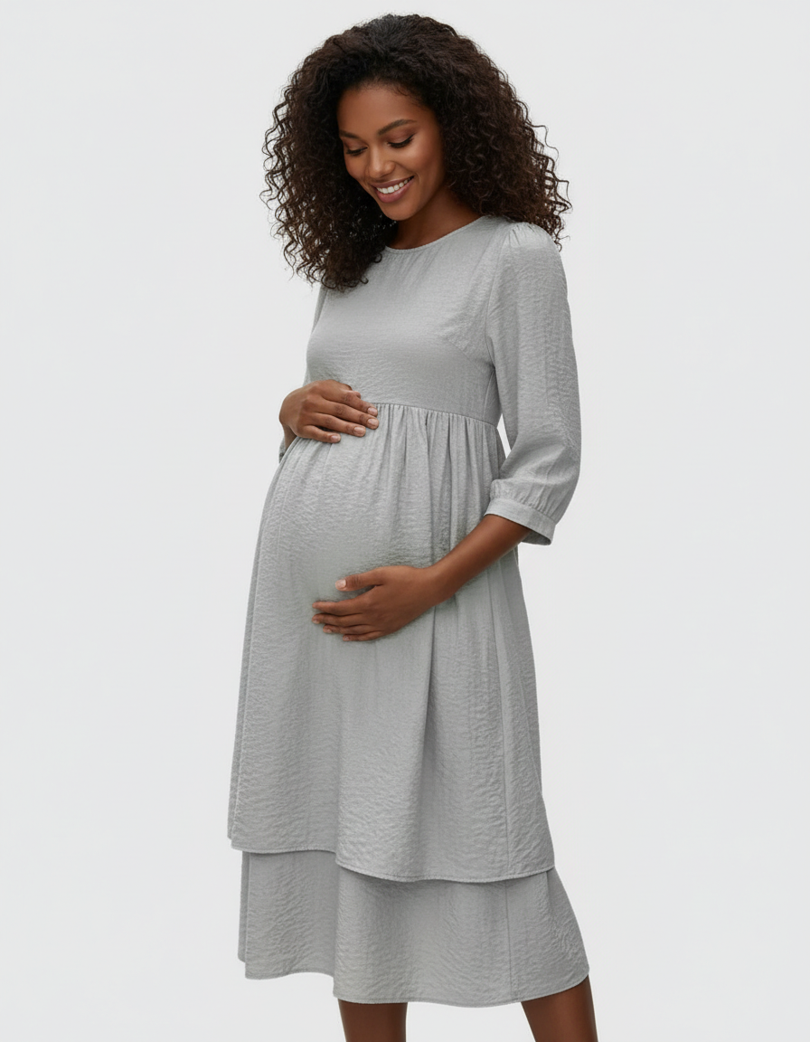 Bump Society – The Comfort Collection: Quarter Sleeve Ruffle Skirt Maternity Midi Dress-Bump Society