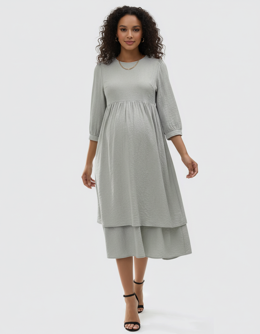 Bump Society – The Comfort Collection: Quarter Sleeve Ruffle Skirt Maternity Midi Dress-Bump Society