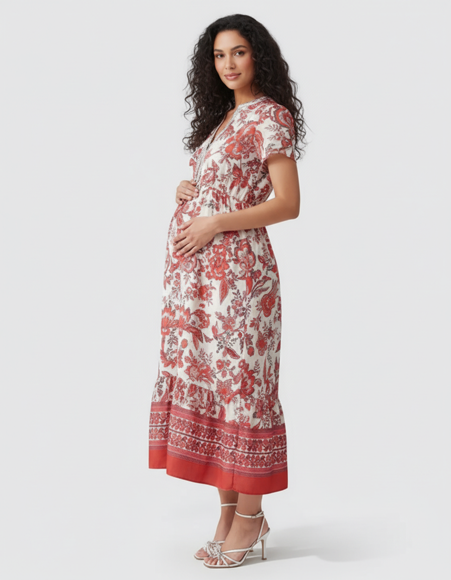 Bump Society – The Comfort Collection: Retro Floral Print Boho Maternity Dress-Bump Society