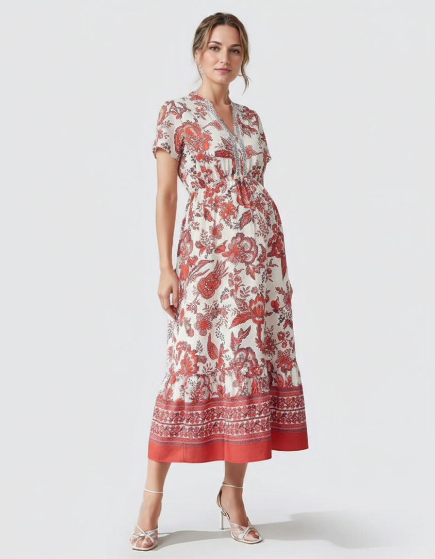 Bump Society – The Comfort Collection: Retro Floral Print Boho Maternity Dress-Bump Society
