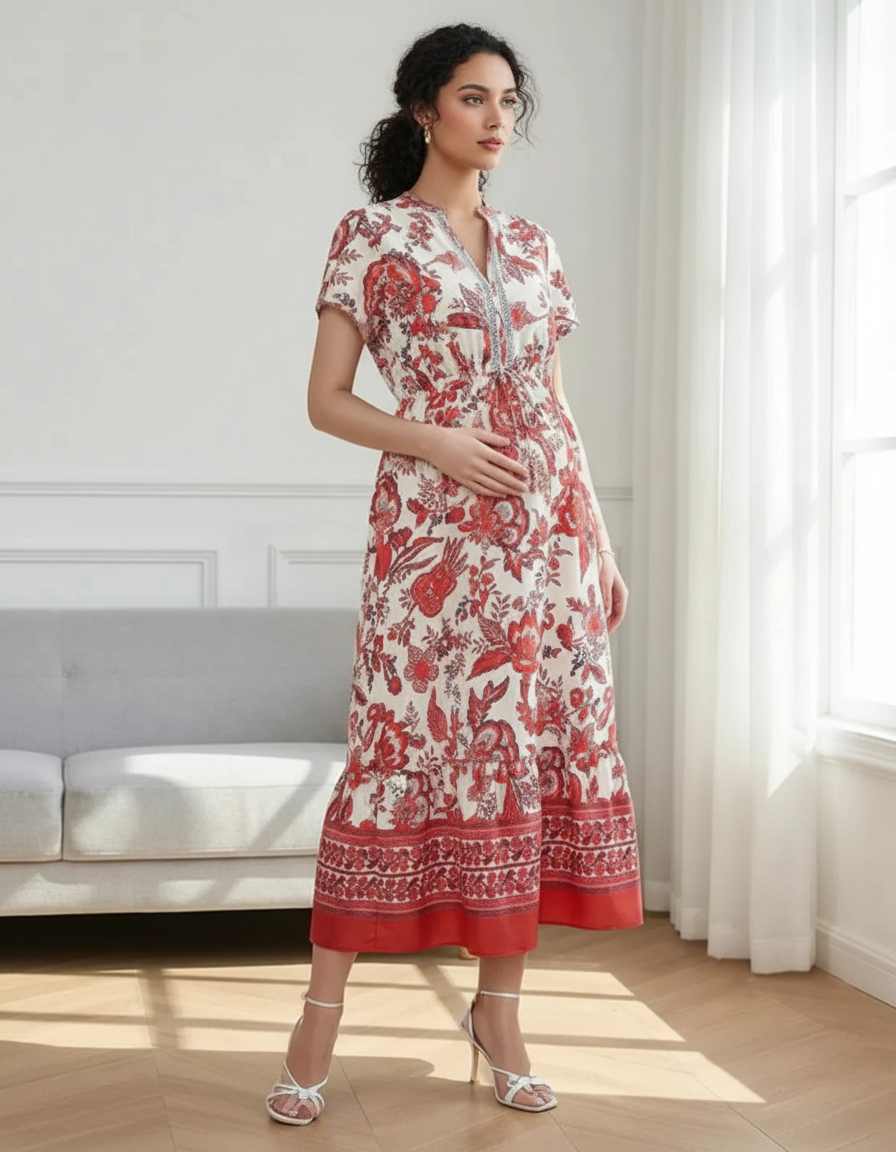 Bump Society – The Comfort Collection: Retro Floral Print Boho Maternity Dress-Bump Society