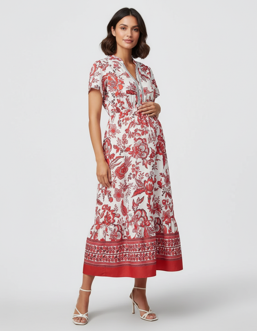 Bump Society – The Comfort Collection: Retro Floral Print Boho Maternity Dress-Bump Society