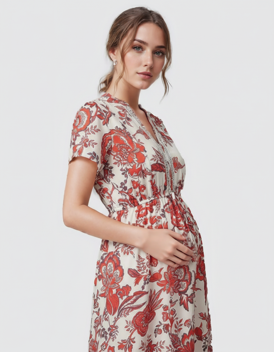 Bump Society – The Comfort Collection: Retro Floral Print Boho Maternity Dress-Bump Society