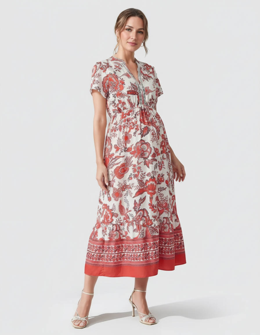 Bump Society – The Comfort Collection: Retro Floral Print Boho Maternity Dress-Bump Society