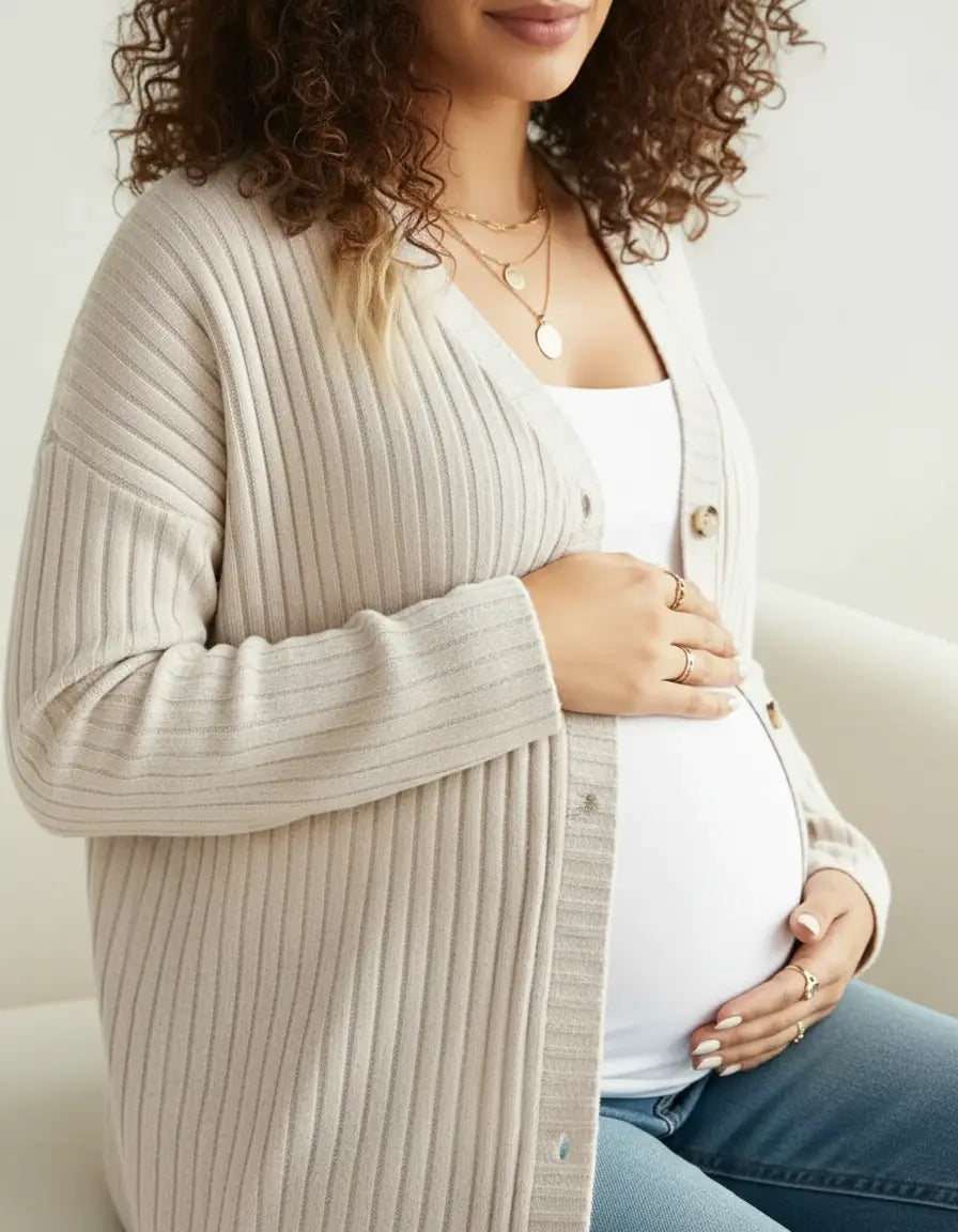 Pregnant woman wearing a beige ribbed button-front drop shoulder maternity cardigan over a white top.
