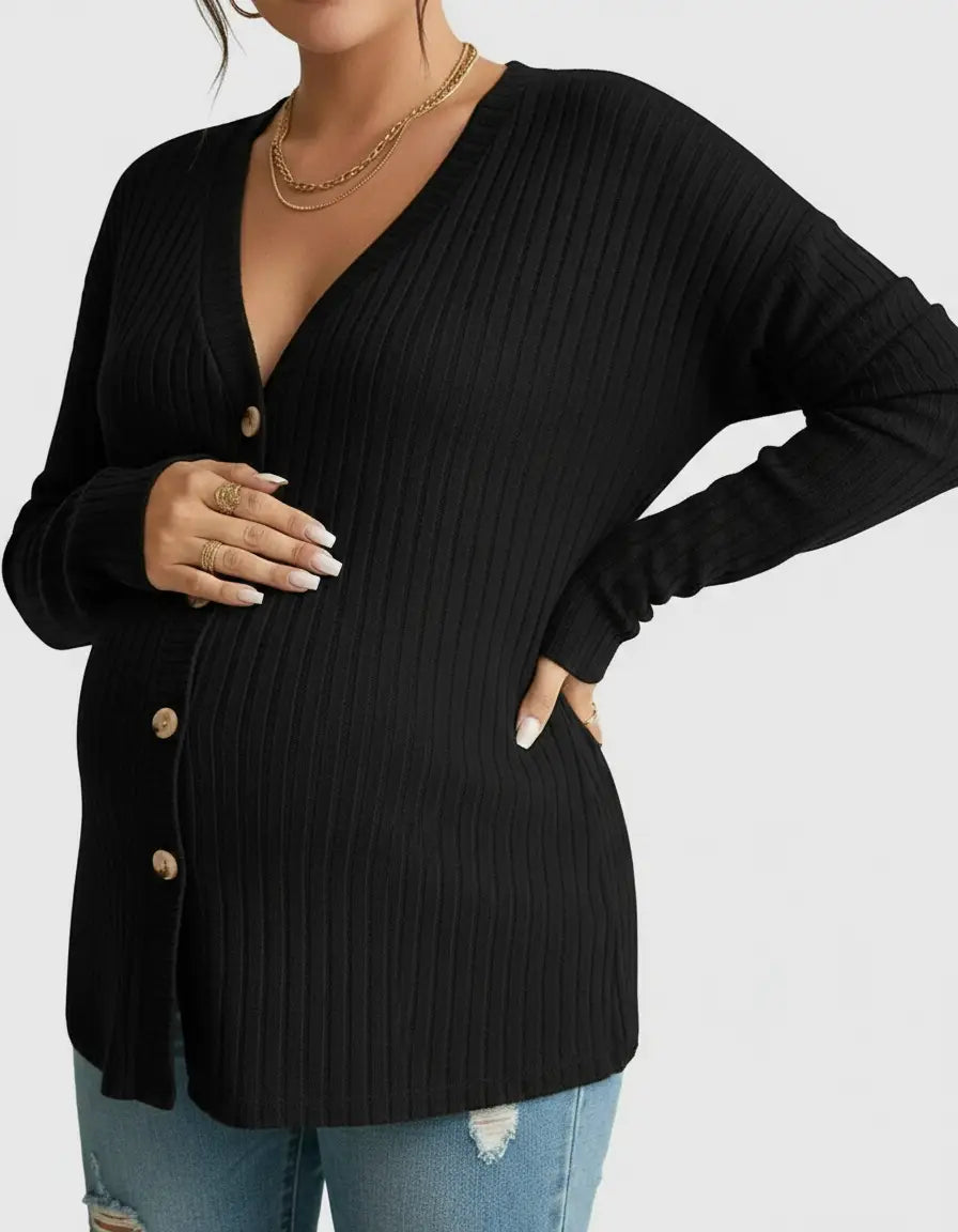 Black ribbed button-front drop shoulder maternity top with natural buttons and gold jewelry.