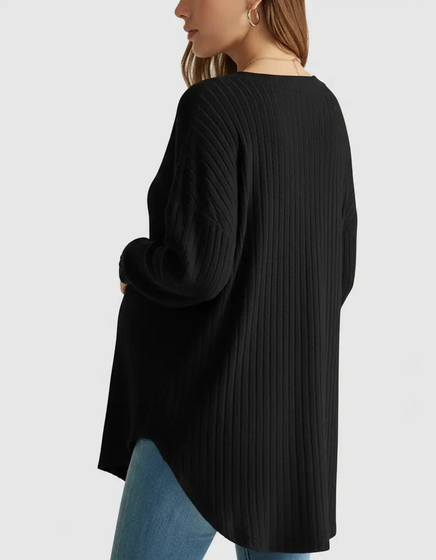 Black ribbed button-front drop shoulder maternity top with a relaxed fit, shown from the back.