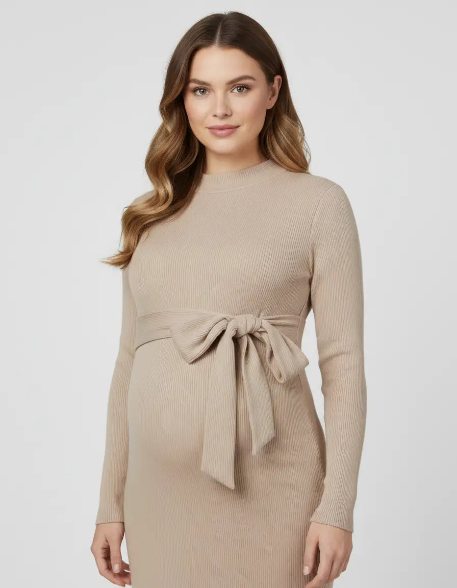 Maternity midi dress in beige ribbed knit with long sleeves and a tied waist sash.