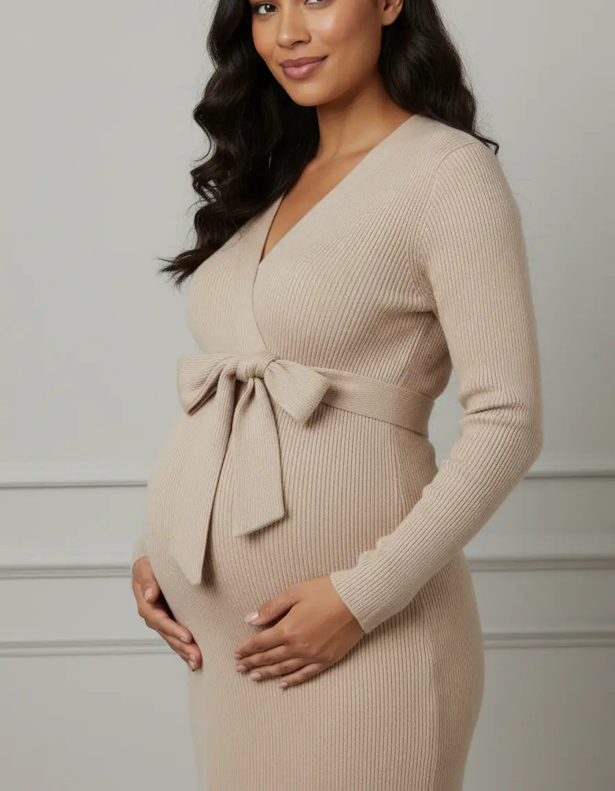 Pregnant woman in a beige ribbed knit bodycon maternity midi dress with a V-neck and tied waist.