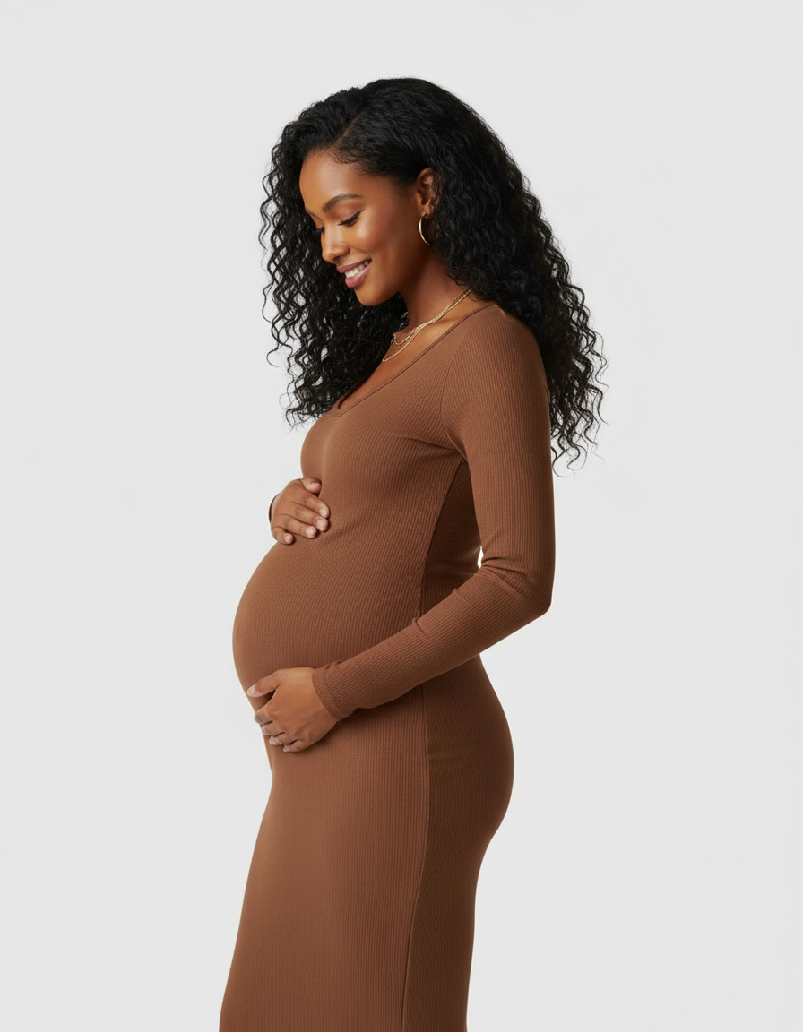 Bump Society – The Comfort Collection: Ribbed Knit Long-Sleeve Maternity Midi Dress-Bump Society