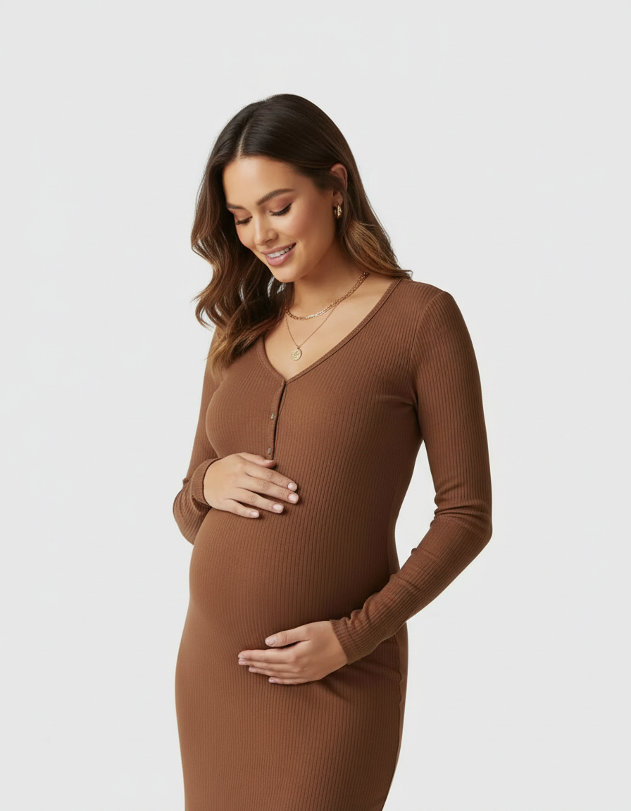 Bump Society – The Comfort Collection: Ribbed Knit Long-Sleeve Maternity Midi Dress-Bump Society