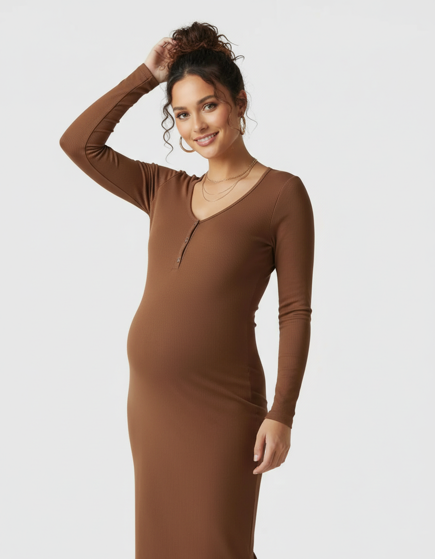Bump Society – The Comfort Collection: Ribbed Knit Long-Sleeve Maternity Midi Dress-Bump Society