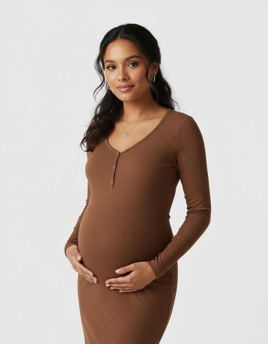 Bump Society – The Comfort Collection: Ribbed Knit Long-Sleeve Maternity Midi Dress-Bump Society