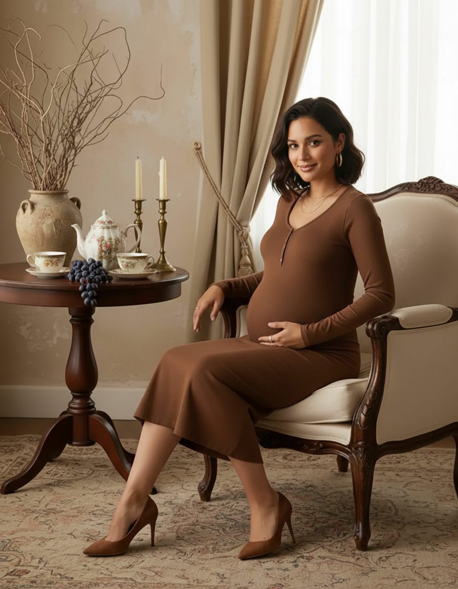 Bump Society – The Comfort Collection: Ribbed Knit Long-Sleeve Maternity Midi Dress-Bump Society