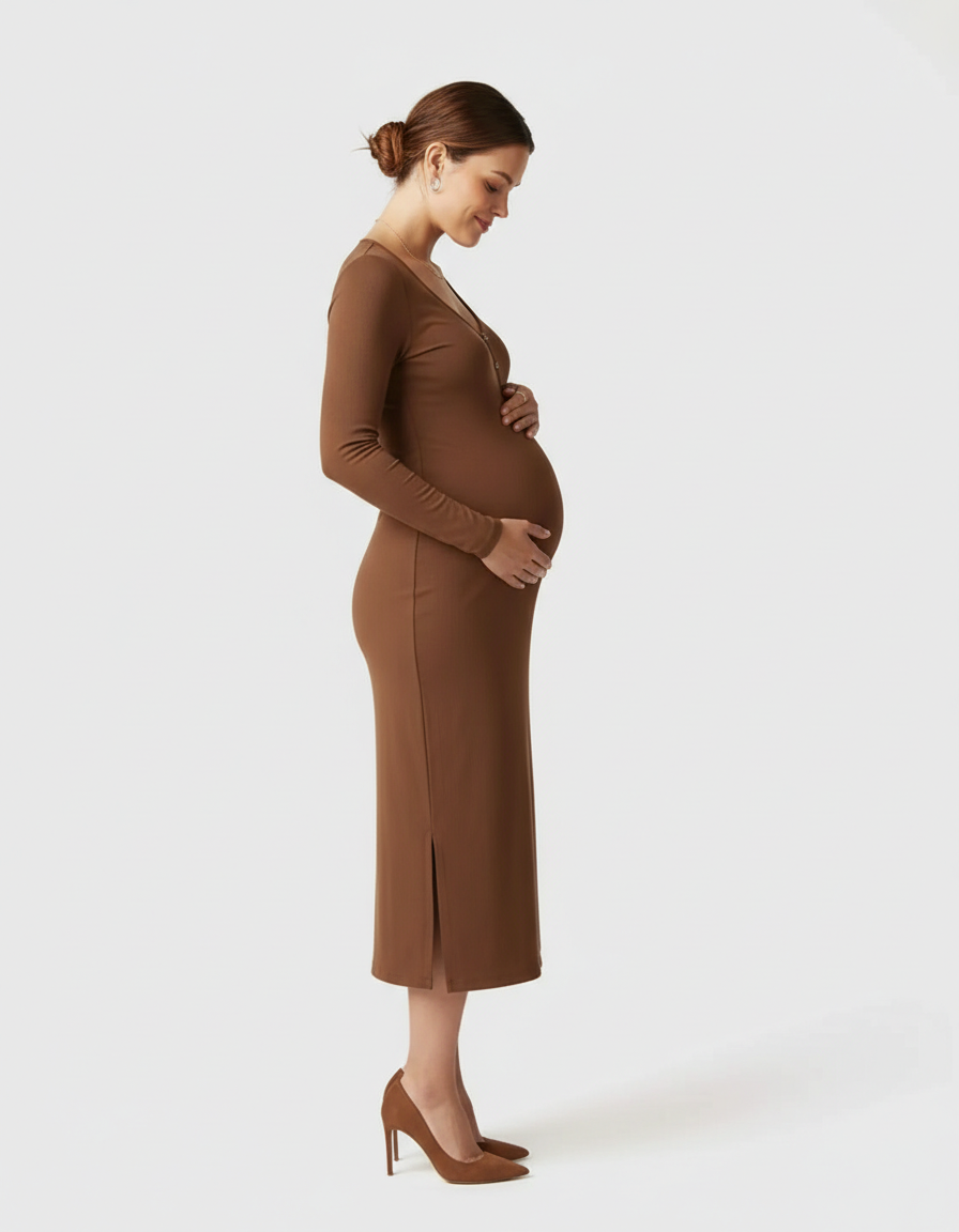 Bump Society – The Comfort Collection: Ribbed Knit Long-Sleeve Maternity Midi Dress-Bump Society