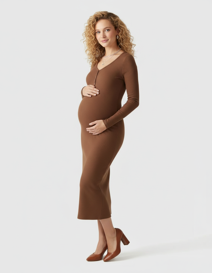 Bump Society – The Comfort Collection: Ribbed Knit Long-Sleeve Maternity Midi Dress-Bump Society