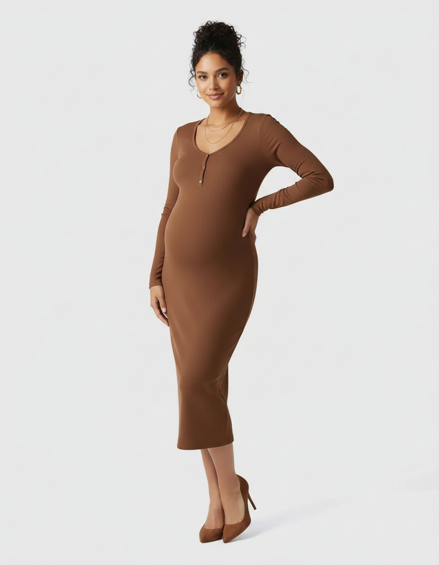 Bump Society – The Comfort Collection: Ribbed Knit Long-Sleeve Maternity Midi Dress-Bump Society