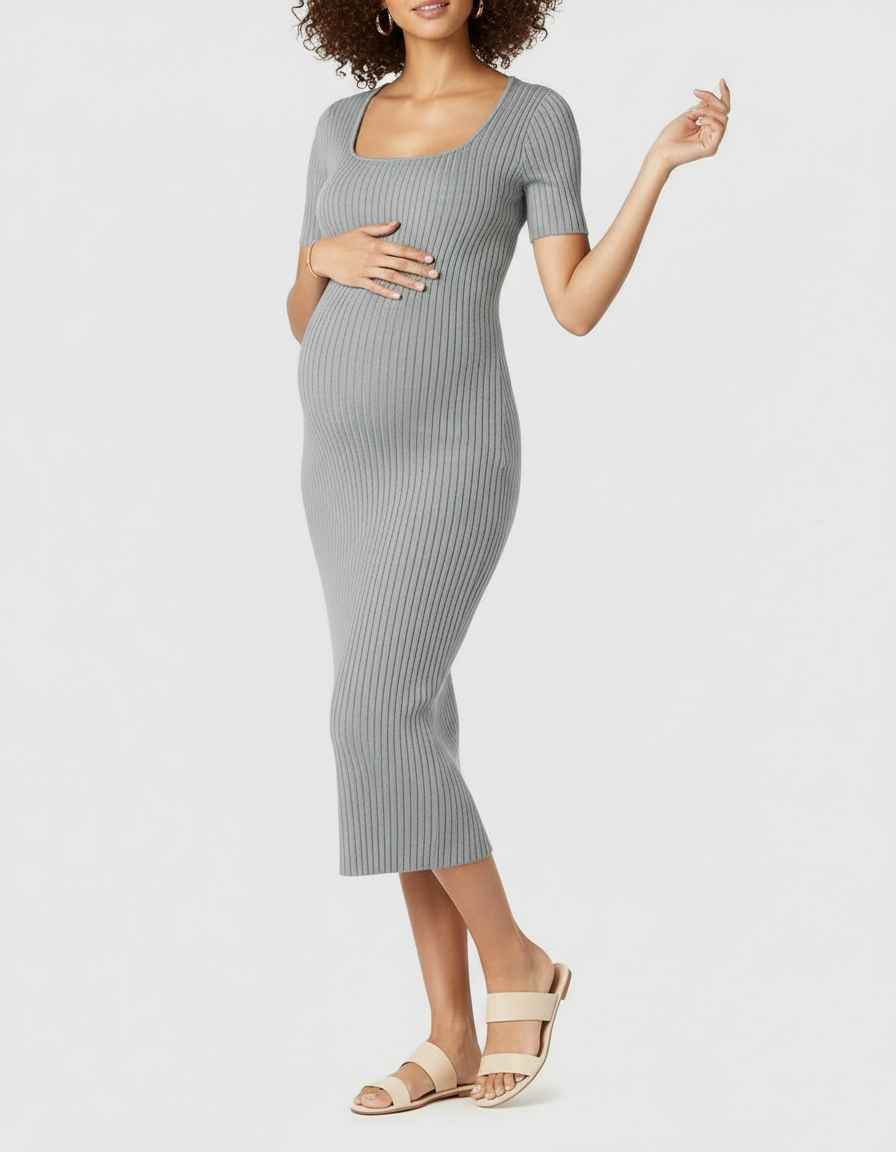 Bump Society – The Comfort Collection: Ribbed Knit Square Neck Bodycon Maternity Midi Dress-Bump Society