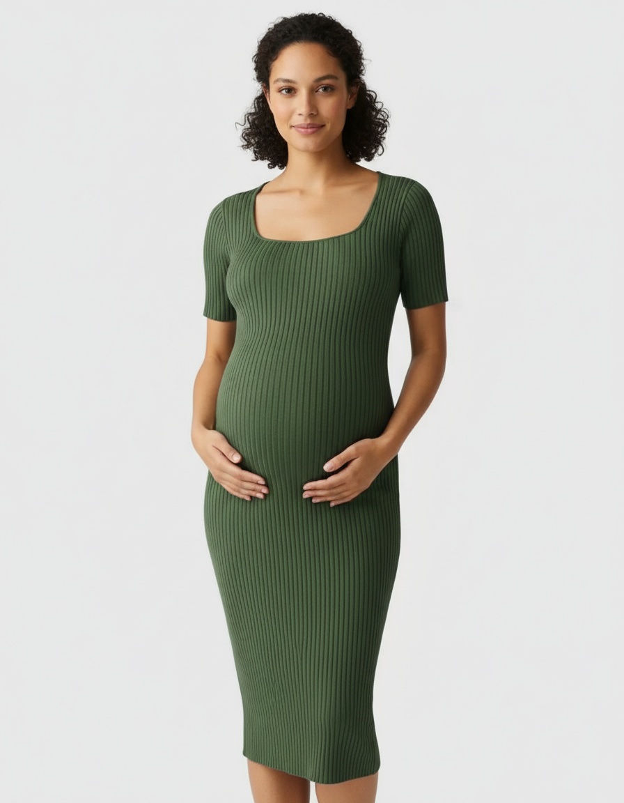 Bump Society – The Comfort Collection: Ribbed Knit Square Neck Bodycon Maternity Midi Dress-Bump Society